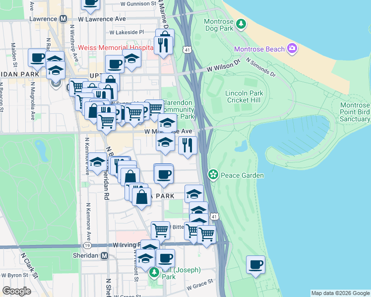 map of restaurants, bars, coffee shops, grocery stores, and more near 707 West Junior Terrace in Chicago