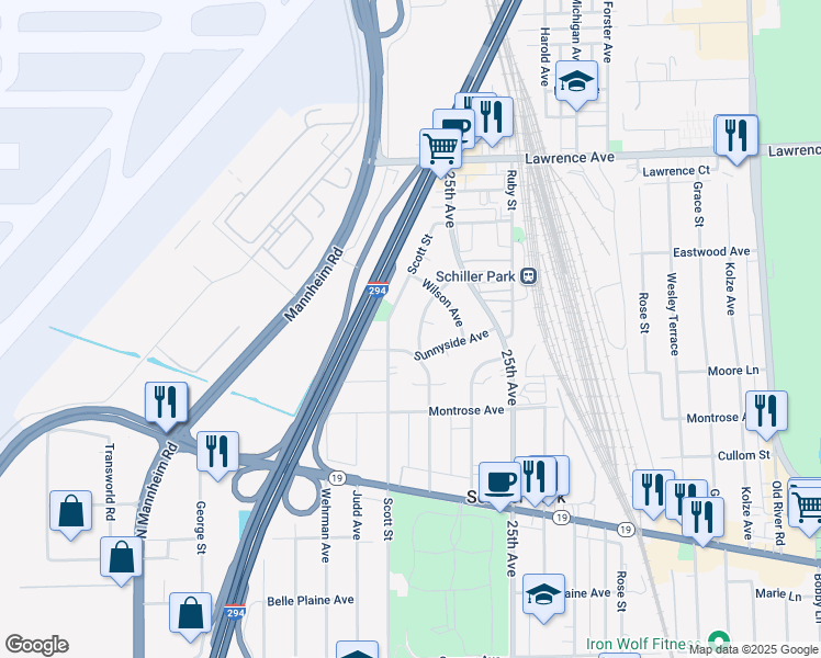 map of restaurants, bars, coffee shops, grocery stores, and more near 4541 Hirschberg Avenue in Schiller Park