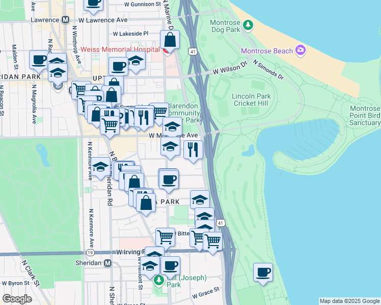 map of restaurants, bars, coffee shops, grocery stores, and more near 707 West Junior Terrace in Chicago