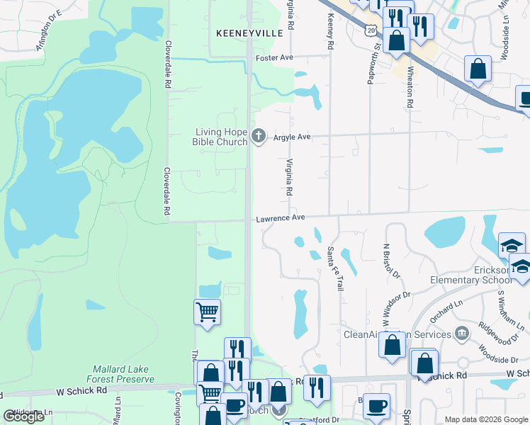 map of restaurants, bars, coffee shops, grocery stores, and more near 25W350 Lawrence Avenue in Roselle