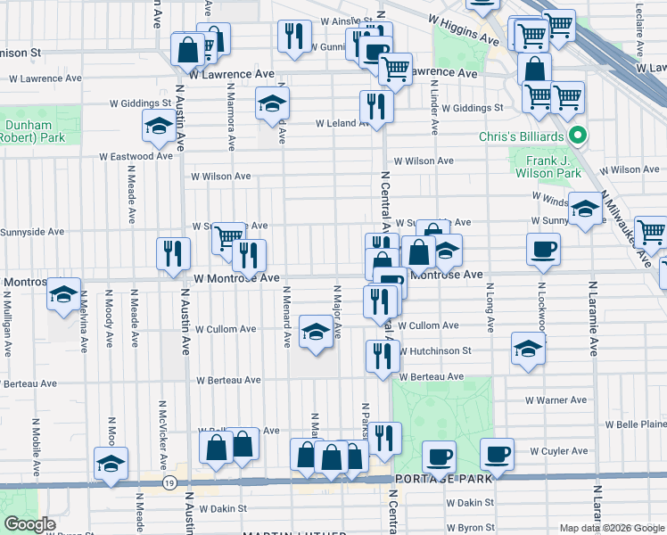map of restaurants, bars, coffee shops, grocery stores, and more near 4415 North Major Avenue in Chicago
