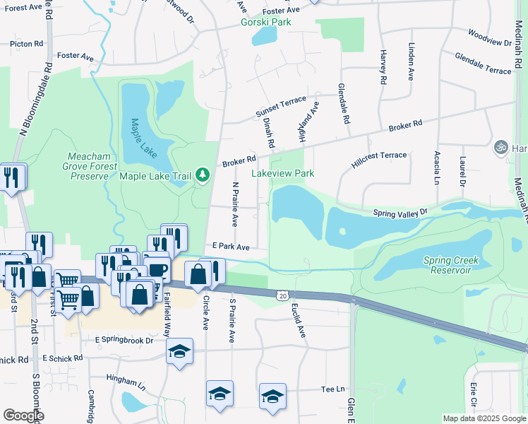 map of restaurants, bars, coffee shops, grocery stores, and more near 143 North Pleasant Avenue in Bloomingdale