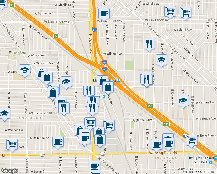 map of restaurants, bars, coffee shops, grocery stores, and more near West Montrose Avenue & North Knox Avenue in Chicago