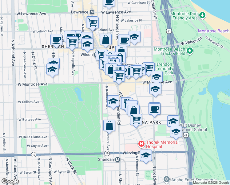 map of restaurants, bars, coffee shops, grocery stores, and more near 4342 North Sheridan Road in Chicago