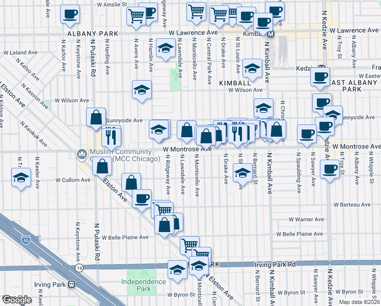 map of restaurants, bars, coffee shops, grocery stores, and more near 3639 West Montrose Avenue in Chicago