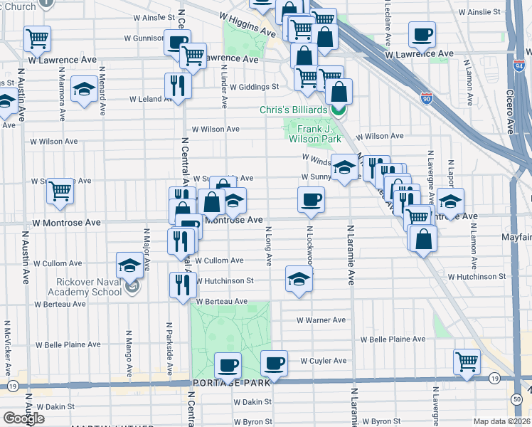 map of restaurants, bars, coffee shops, grocery stores, and more near 4410 North Long Avenue in Chicago