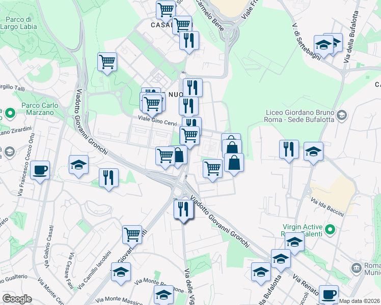 map of restaurants, bars, coffee shops, grocery stores, and more near 42 Via Augusto Genina in Roma