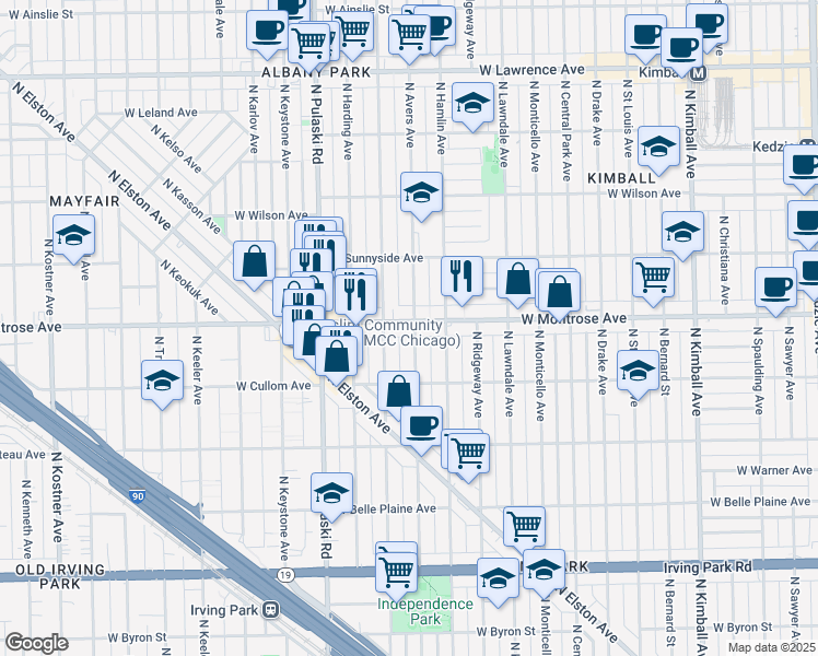 map of restaurants, bars, coffee shops, grocery stores, and more near 3837 West Montrose Avenue in Chicago