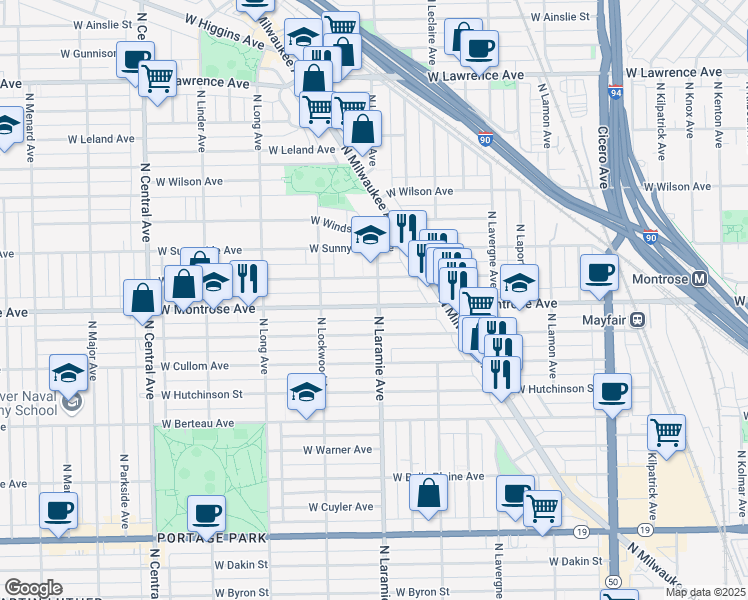 map of restaurants, bars, coffee shops, grocery stores, and more near 5200 West Montrose Avenue in Chicago