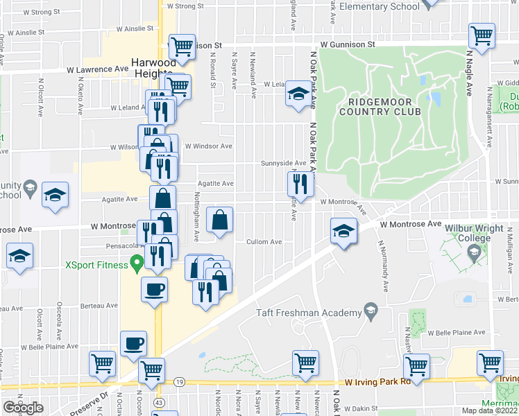 map of restaurants, bars, coffee shops, grocery stores, and more near 6921 West Montrose Avenue in Chicago
