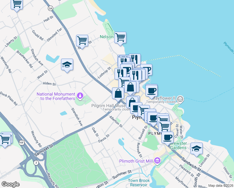 map of restaurants, bars, coffee shops, grocery stores, and more near 119 Court Street in Plymouth