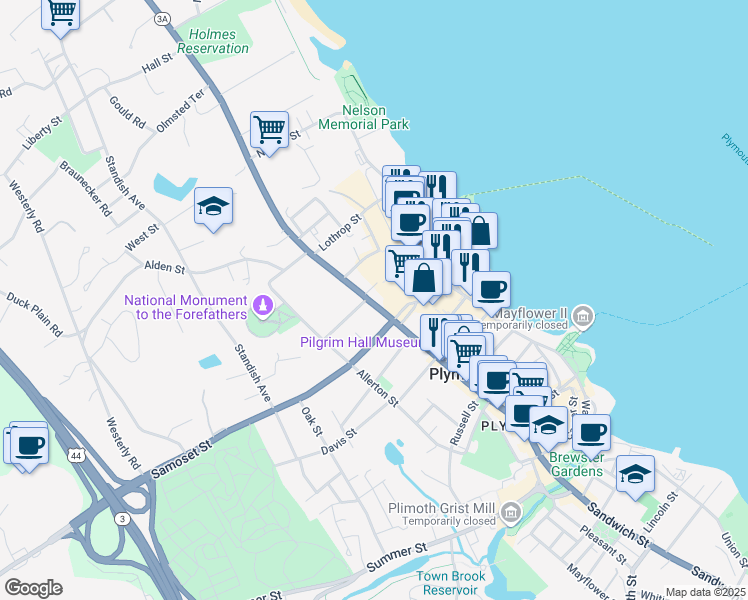 map of restaurants, bars, coffee shops, grocery stores, and more near 119 Court Street in Plymouth