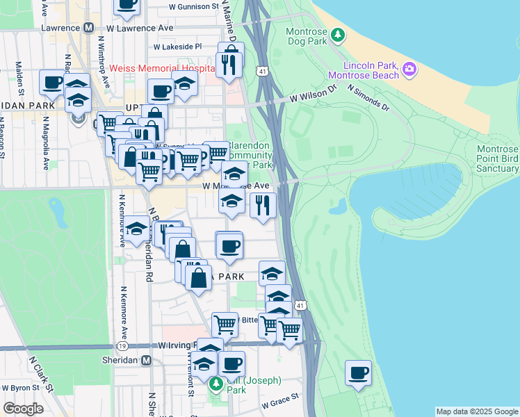map of restaurants, bars, coffee shops, grocery stores, and more near 707 West Junior Terrace in Chicago
