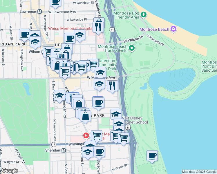 map of restaurants, bars, coffee shops, grocery stores, and more near 707 West Junior Terrace in Chicago