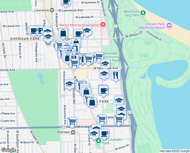 map of restaurants, bars, coffee shops, grocery stores, and more near 4321 North Dayton Street in Chicago