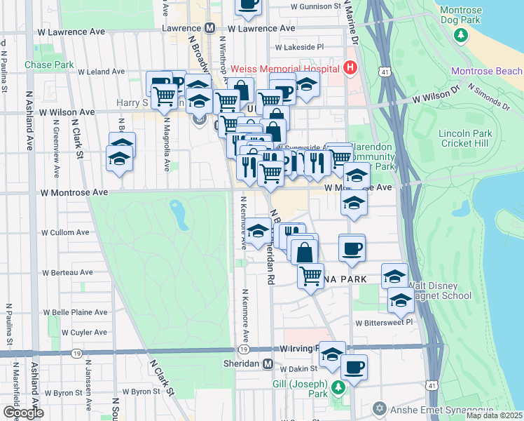 map of restaurants, bars, coffee shops, grocery stores, and more near 4342 North Sheridan Road in Chicago