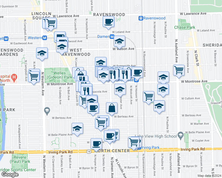 map of restaurants, bars, coffee shops, grocery stores, and more near 4346 North Damen Avenue in Chicago