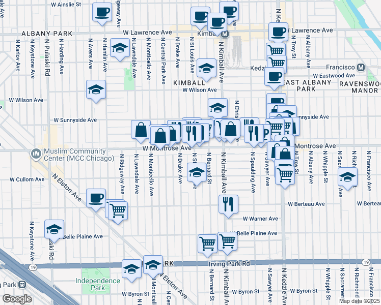 map of restaurants, bars, coffee shops, grocery stores, and more near 3461 West Montrose Avenue in Chicago