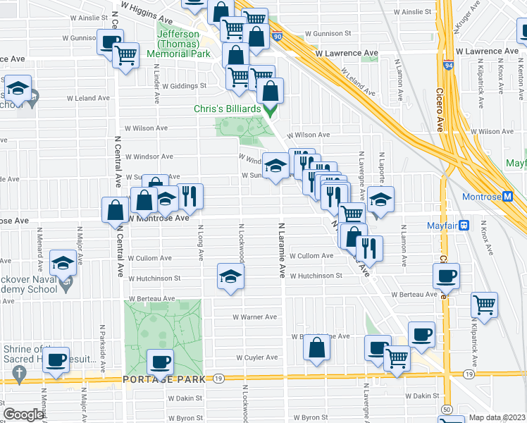 map of restaurants, bars, coffee shops, grocery stores, and more near 5236 West Montrose Avenue in Chicago
