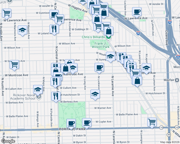 map of restaurants, bars, coffee shops, grocery stores, and more near 5355 West Agatite Avenue in Chicago