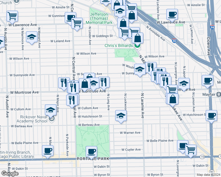 map of restaurants, bars, coffee shops, grocery stores, and more near 5355 West Agatite Avenue in Chicago
