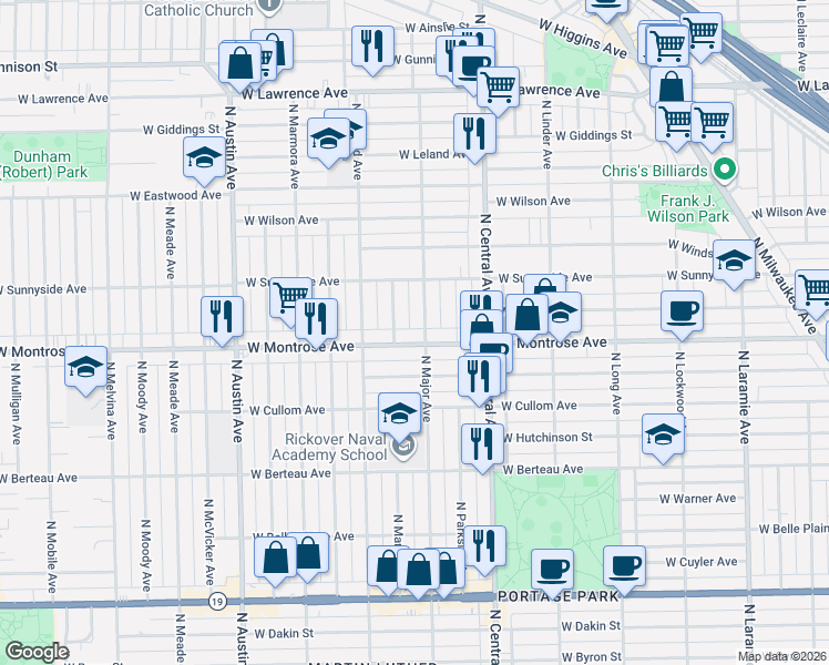 map of restaurants, bars, coffee shops, grocery stores, and more near 4415 North Major Avenue in Chicago