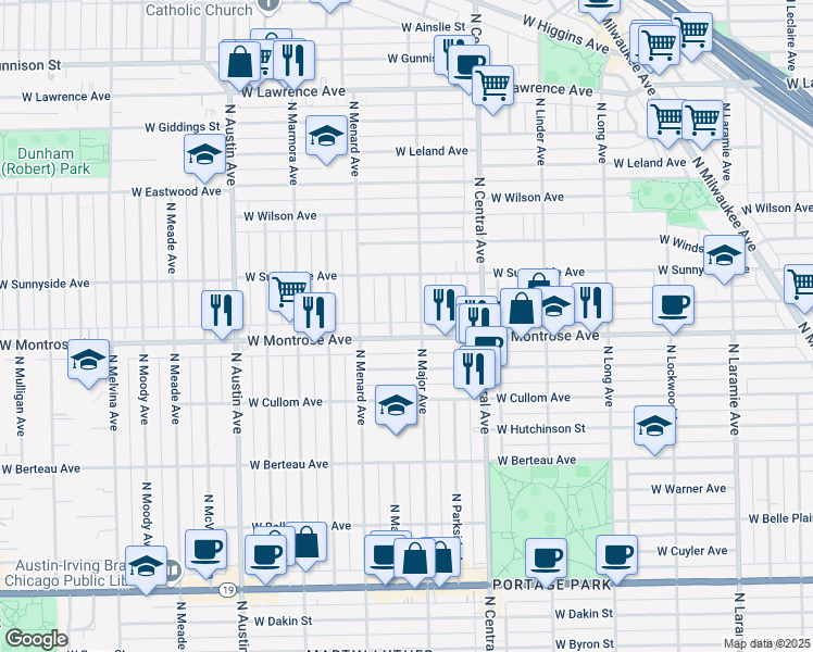 map of restaurants, bars, coffee shops, grocery stores, and more near 4418 North Mango Avenue in Chicago