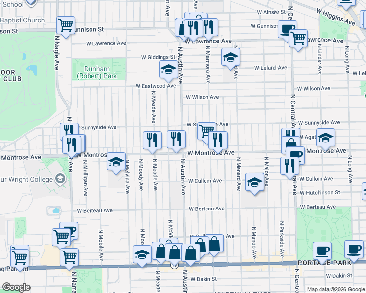 map of restaurants, bars, coffee shops, grocery stores, and more near 4420 North Austin Avenue in Chicago