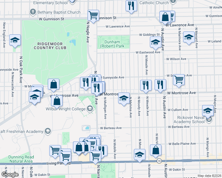 map of restaurants, bars, coffee shops, grocery stores, and more near 4422 North Mobile Avenue in Chicago