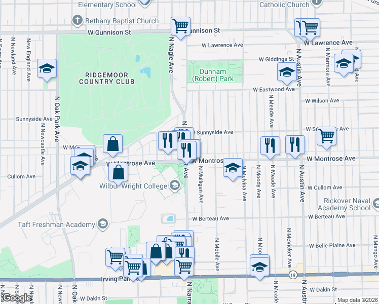 map of restaurants, bars, coffee shops, grocery stores, and more near 4424 North Mulligan Avenue in Chicago