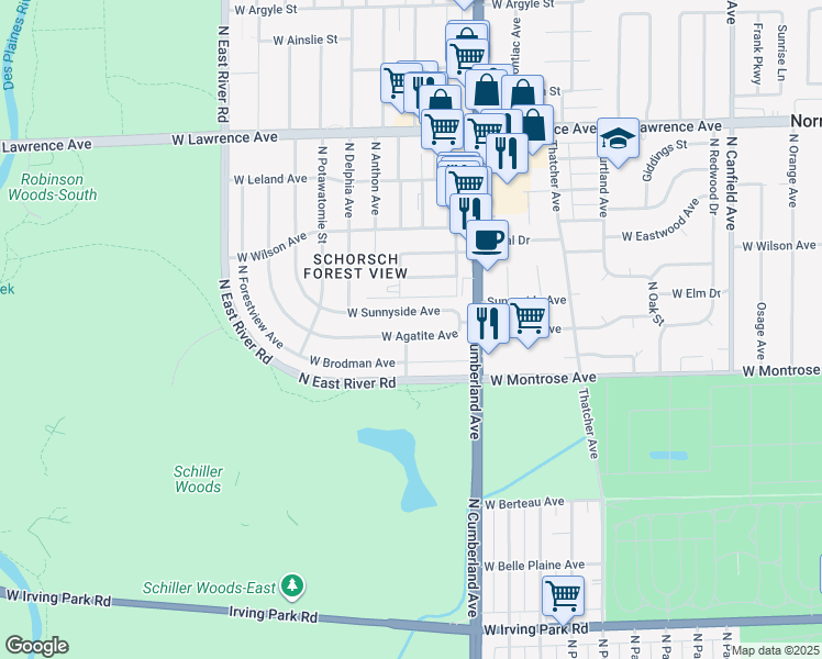map of restaurants, bars, coffee shops, grocery stores, and more near 8515 Sunnyside Avenue in Chicago