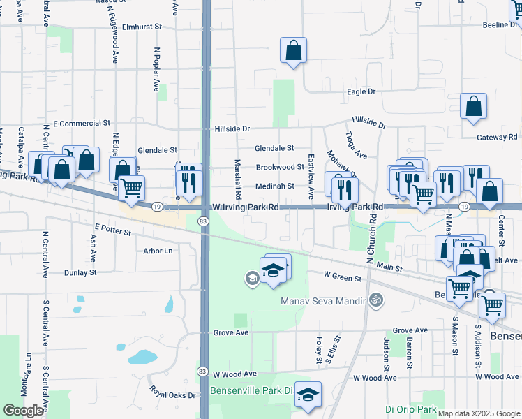 map of restaurants, bars, coffee shops, grocery stores, and more near 1013 Irving Park Road in Bensenville