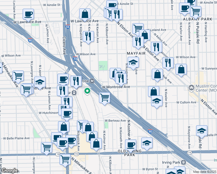map of restaurants, bars, coffee shops, grocery stores, and more near W Montrose Ave & N Kilbourn Ave in Chicago