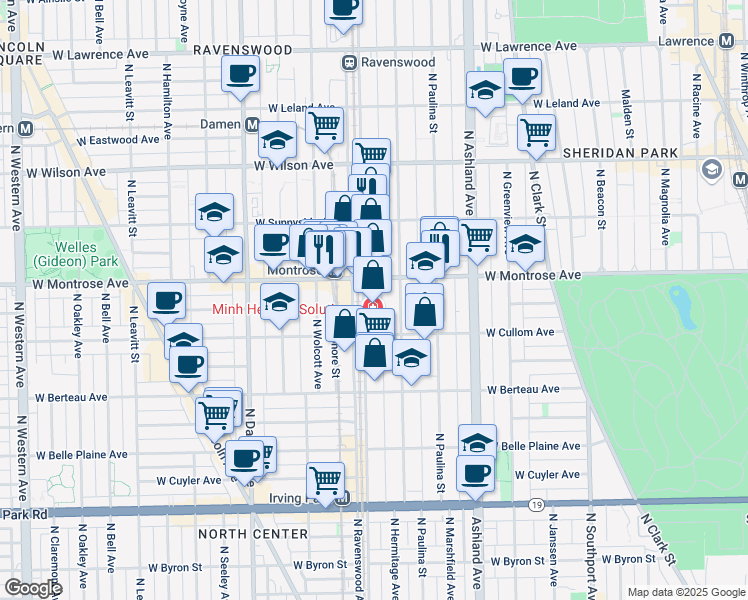 map of restaurants, bars, coffee shops, grocery stores, and more near 4335 North Ravenswood Avenue in Chicago