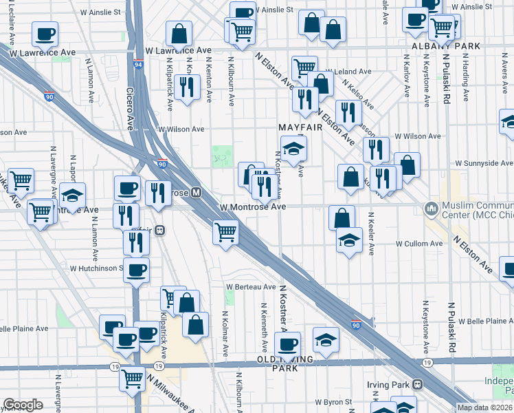map of restaurants, bars, coffee shops, grocery stores, and more near 4401 North Kenneth Avenue in Chicago