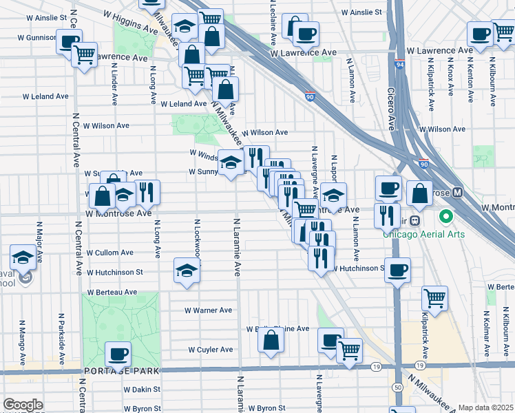 map of restaurants, bars, coffee shops, grocery stores, and more near 5138 West Montrose Avenue in Chicago