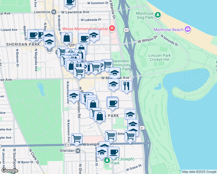 map of restaurants, bars, coffee shops, grocery stores, and more near 4321 North Dayton Street in Chicago