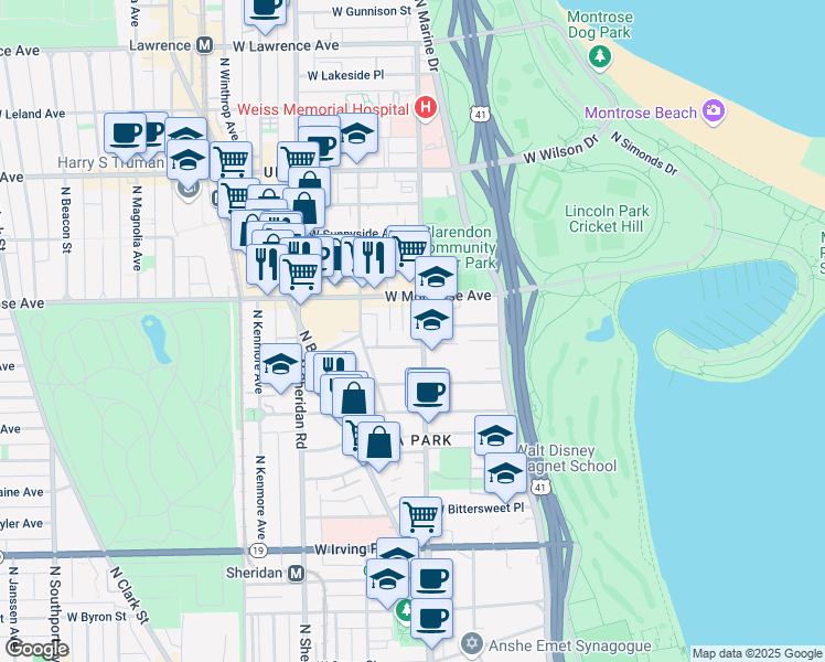 map of restaurants, bars, coffee shops, grocery stores, and more near 4312 North Clarendon Avenue in Chicago