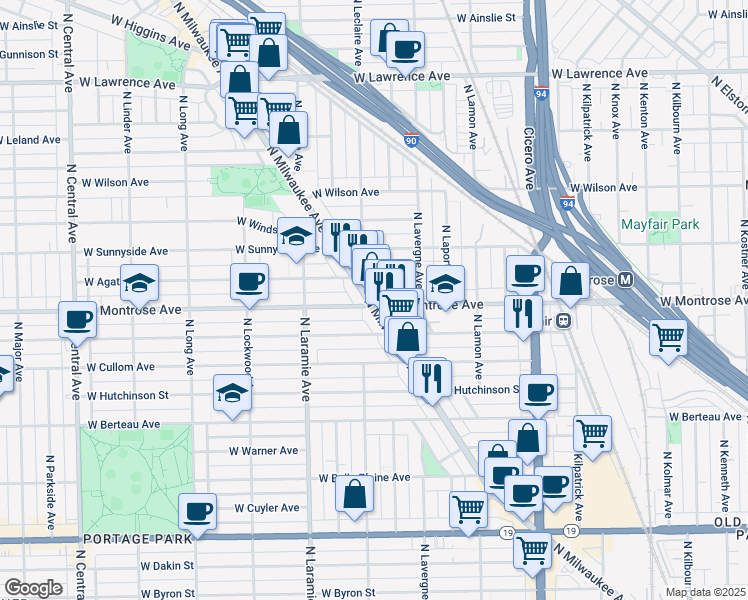 map of restaurants, bars, coffee shops, grocery stores, and more near 4413 North Milwaukee Avenue in Chicago
