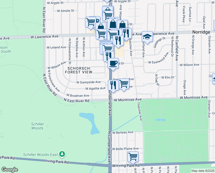 map of restaurants, bars, coffee shops, grocery stores, and more near 8413 West Agatite Avenue in Chicago