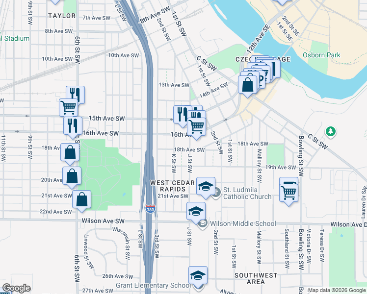 map of restaurants, bars, coffee shops, grocery stores, and more near 250 18th Avenue Southwest in Cedar Rapids