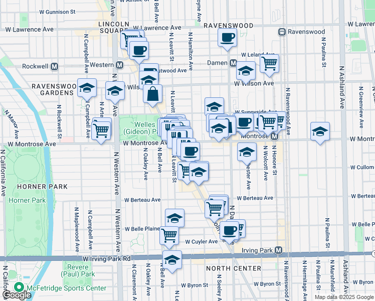 map of restaurants, bars, coffee shops, grocery stores, and more near 2130 West Pensacola Avenue in Chicago