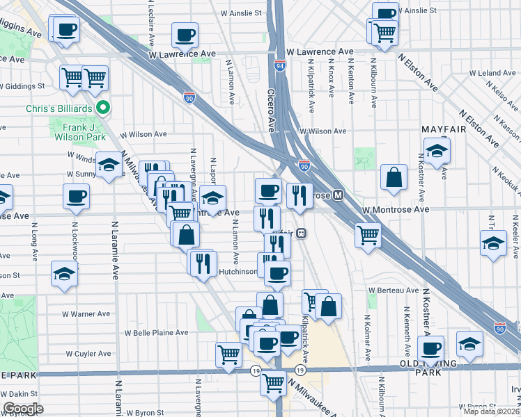 map of restaurants, bars, coffee shops, grocery stores, and more near 4812 West Montrose Avenue in Chicago