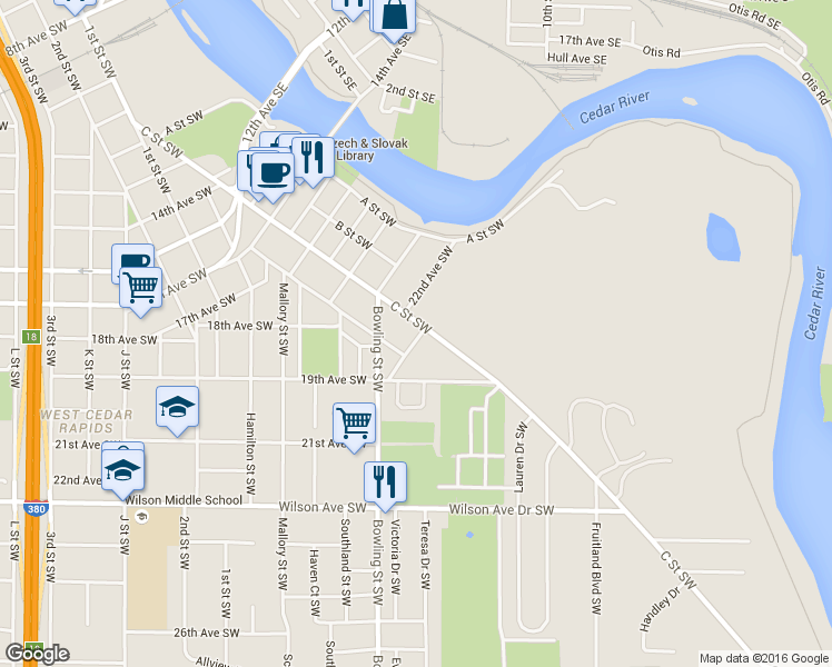 map of restaurants, bars, coffee shops, grocery stores, and more near 2142 C Street Southwest in Cedar Rapids
