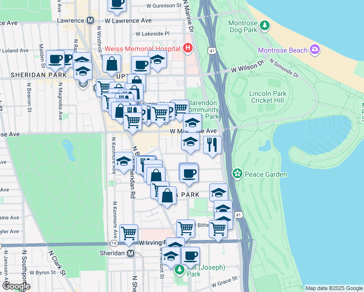 map of restaurants, bars, coffee shops, grocery stores, and more near 4321 North Dayton Street in Chicago