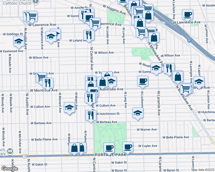 map of restaurants, bars, coffee shops, grocery stores, and more near 5500 West Montrose Avenue in Chicago