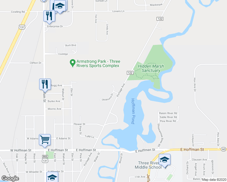 map of restaurants, bars, coffee shops, grocery stores, and more near 1300 New Jersey Court in Three Rivers