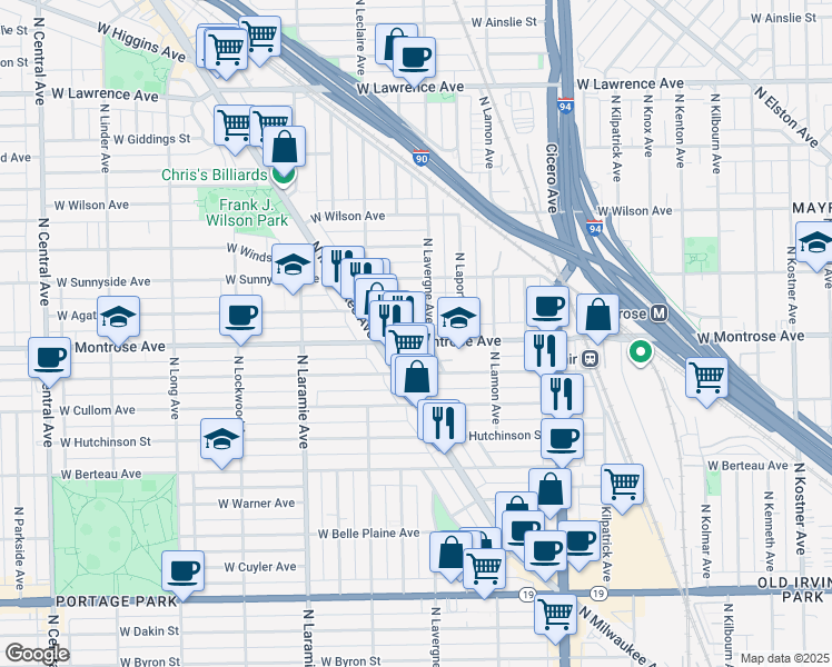 map of restaurants, bars, coffee shops, grocery stores, and more near 5010 West Montrose Avenue in Chicago