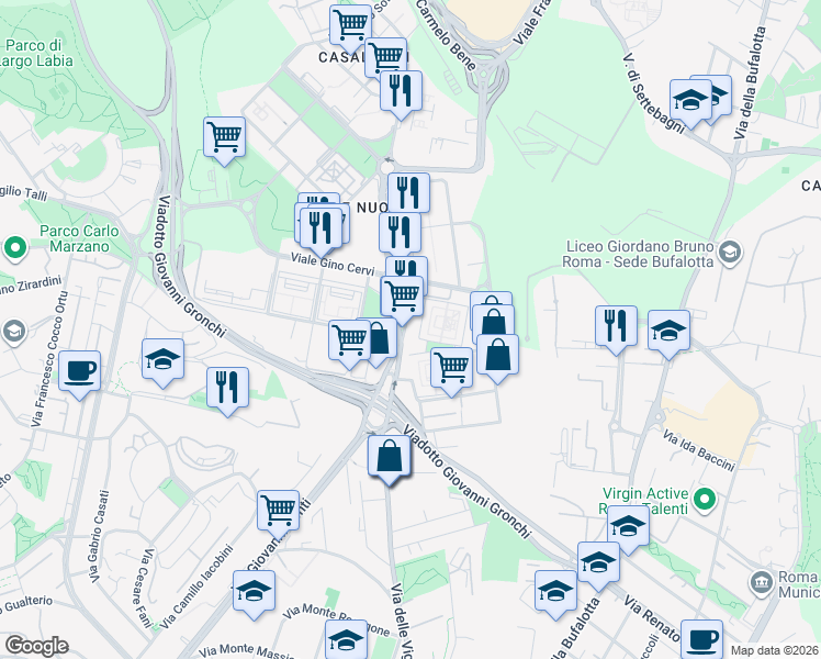 map of restaurants, bars, coffee shops, grocery stores, and more near 10-42 Via Augusto Genina in Roma
