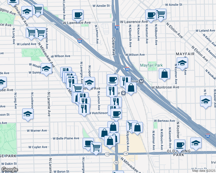 map of restaurants, bars, coffee shops, grocery stores, and more near 4403 North La Crosse Avenue in Chicago